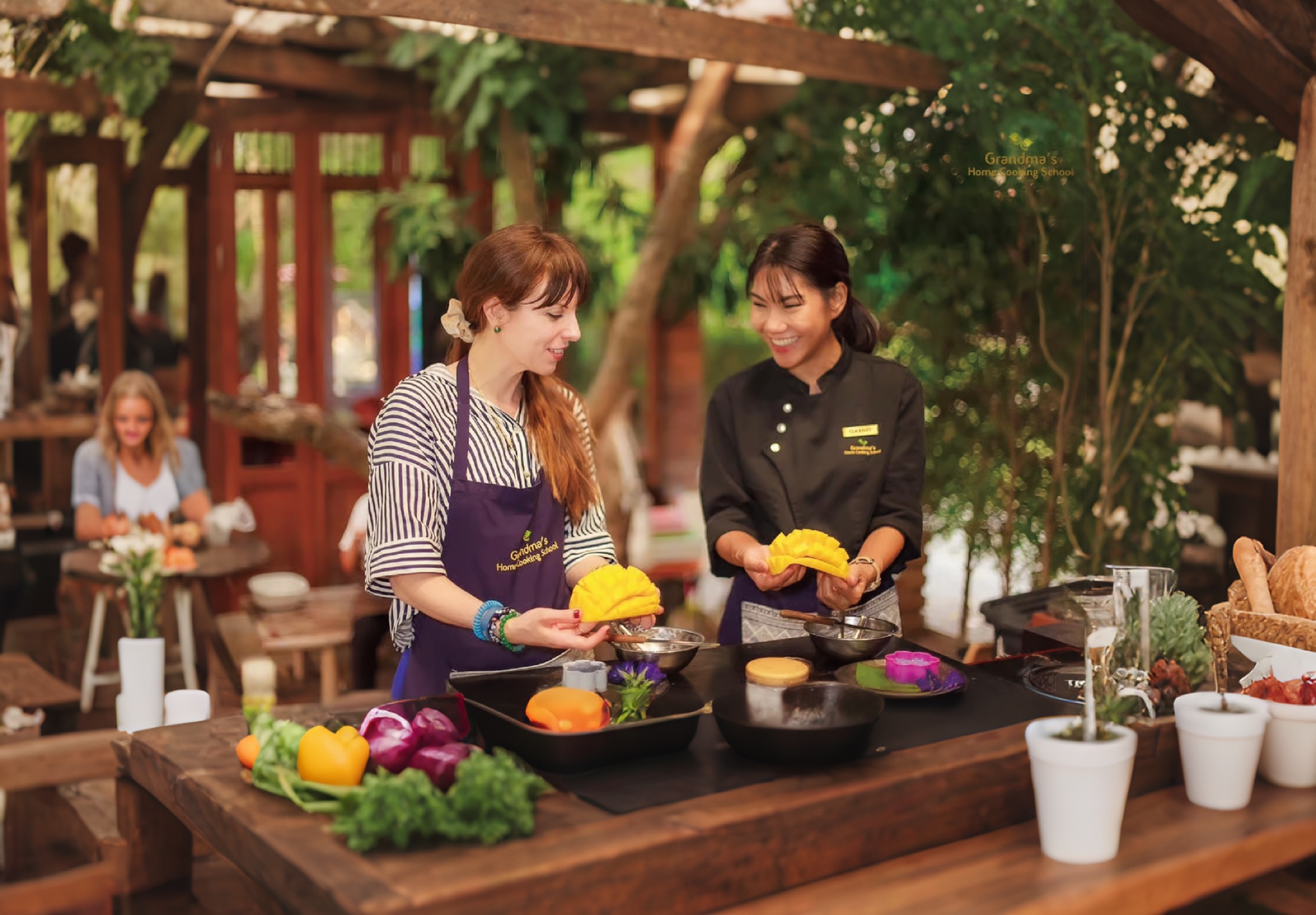 A bilingual teacher guiding a traveller through a Cantonese cooking class