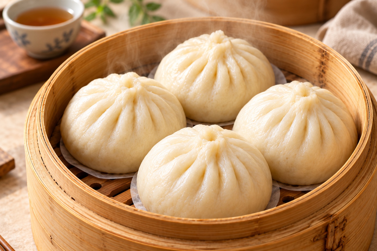 Four handmade Cantonese steamed baozi in a bamboo steamer
