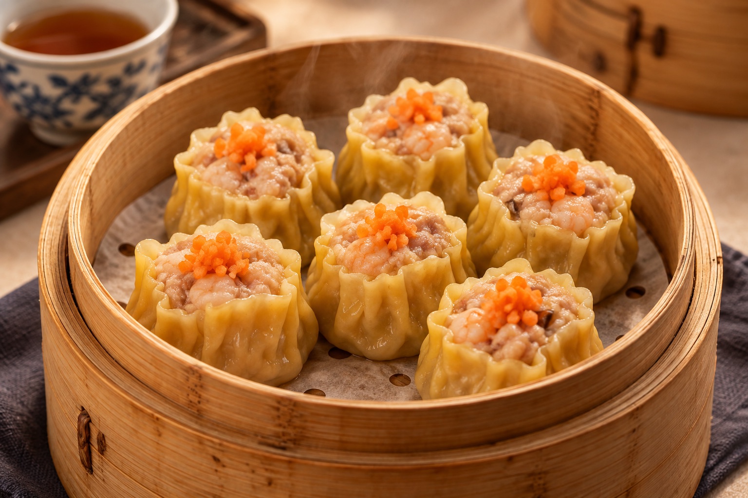 Classic Cantonese pork and shrimp siu mai in a bamboo steamer