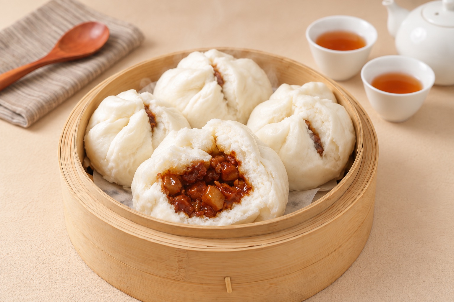 Fluffy Cantonese char siu bao filled with barbecue pork in a bamboo steamer