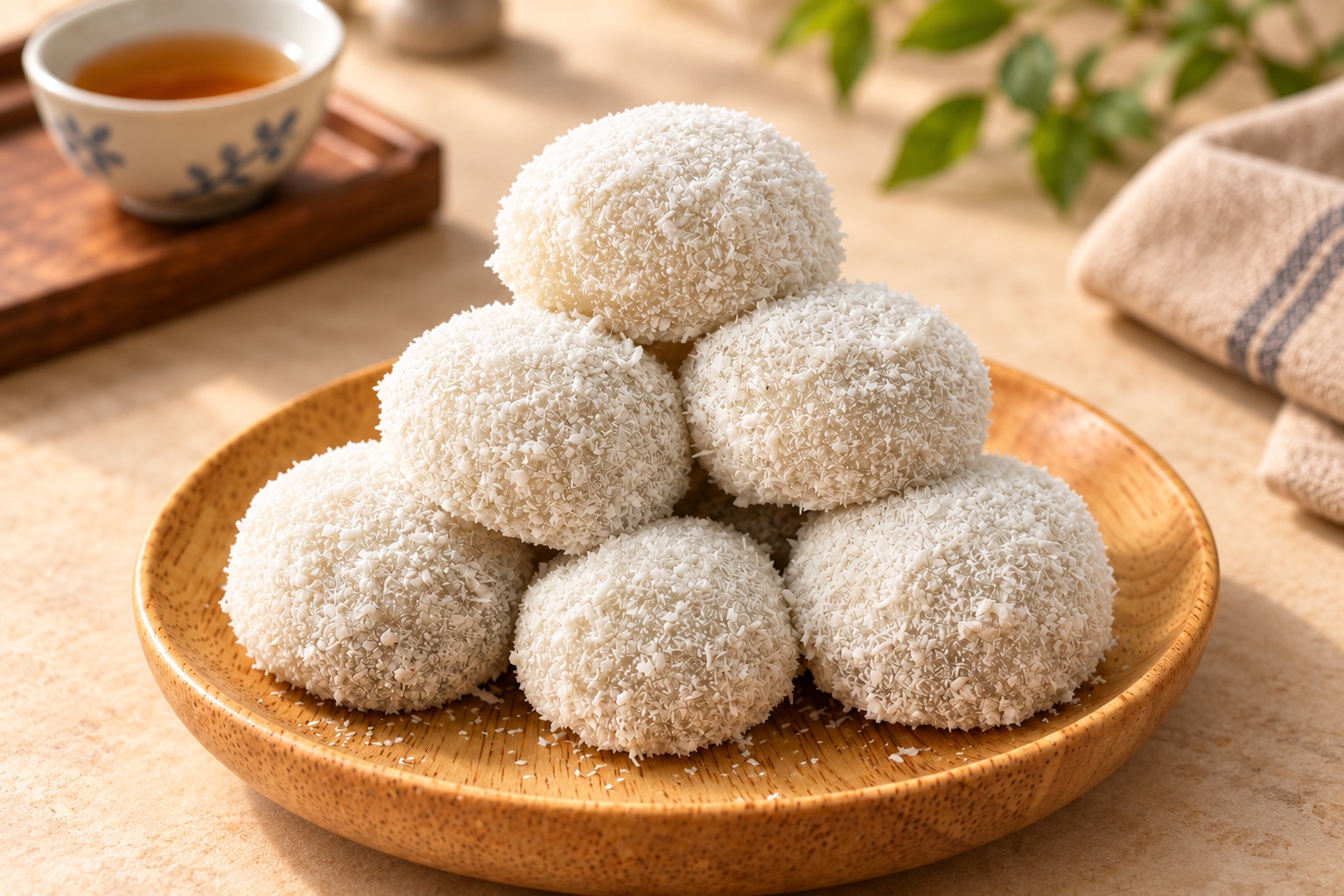 Coconut-coated Cantonese lo mai chi arranged on a wooden plate with Chinese tea