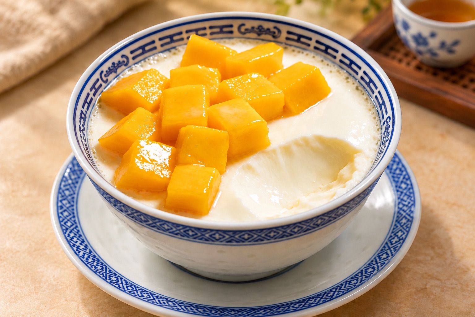 Double-skin milk custard topped with fresh mango in a blue-and-white porcelain bowl