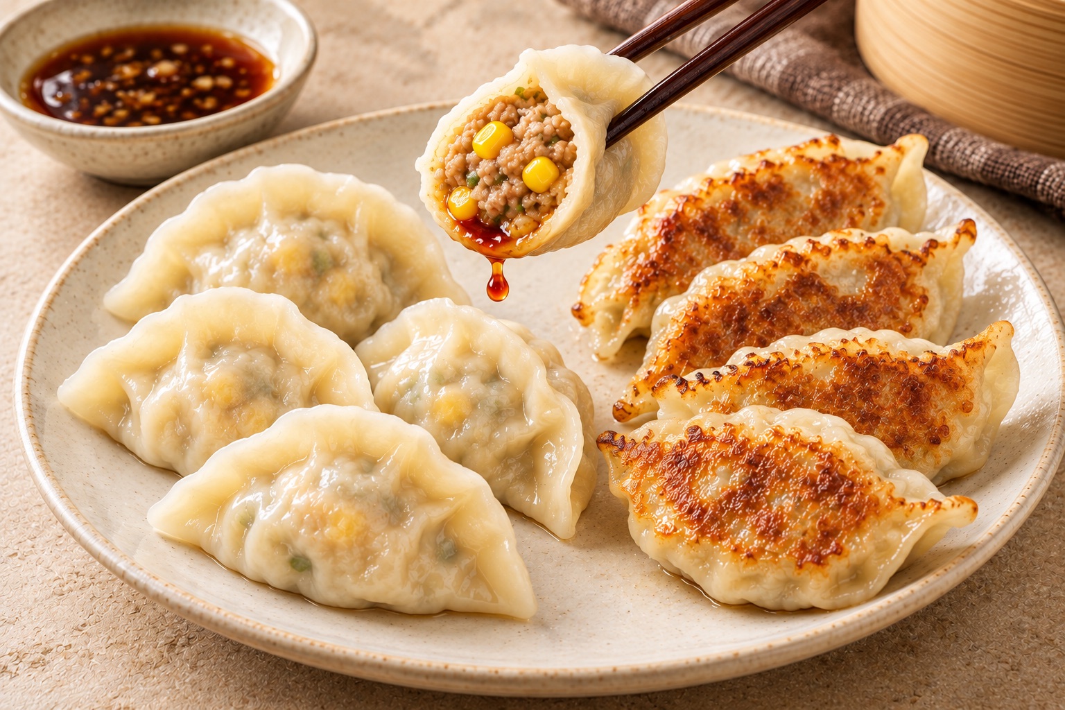 Handmade steamed jiaozi and golden pan-fried potstickers served with dipping sauce