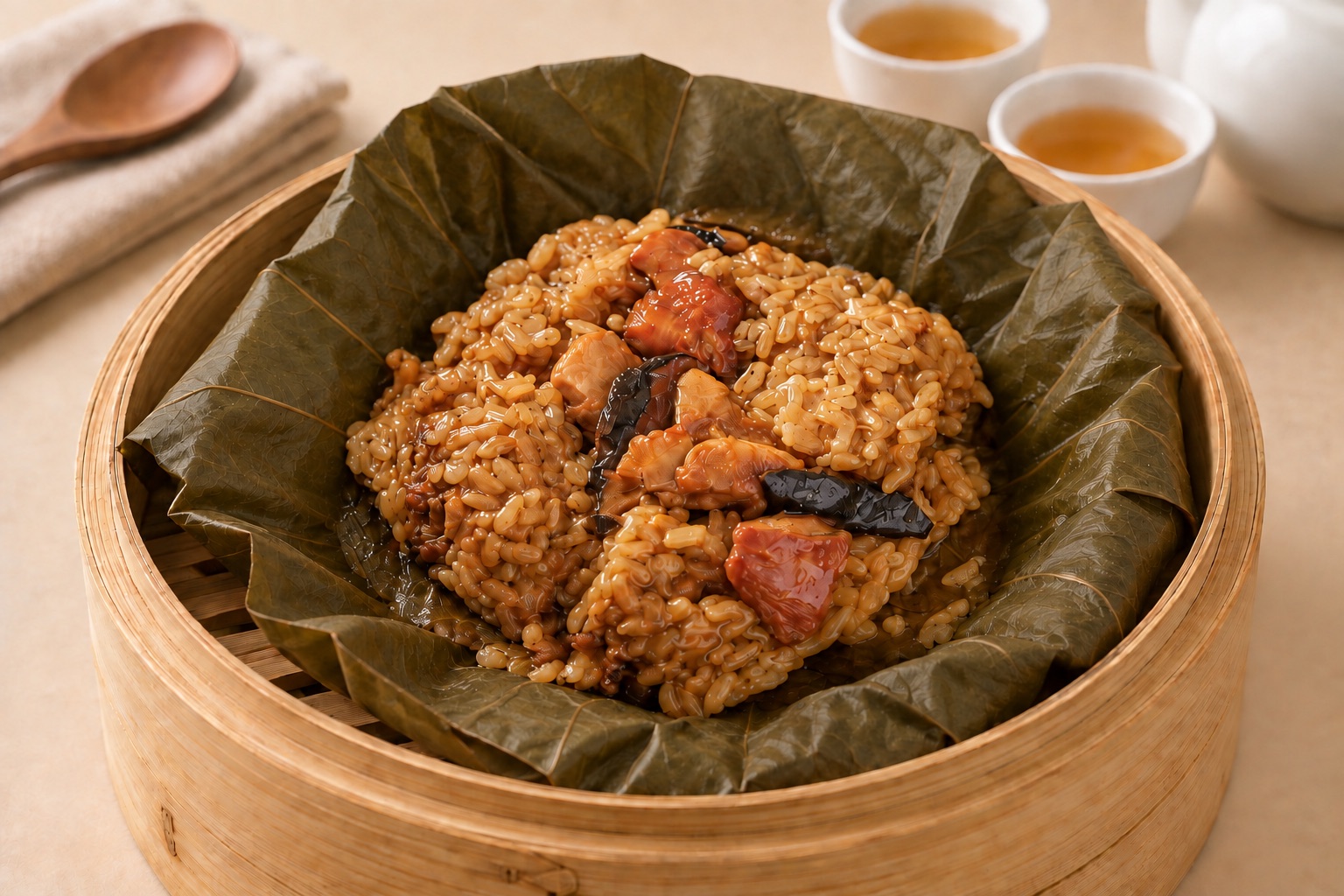 Cantonese lo mai gai with sticky rice, chicken, mushrooms and seafood steamed in a lotus leaf