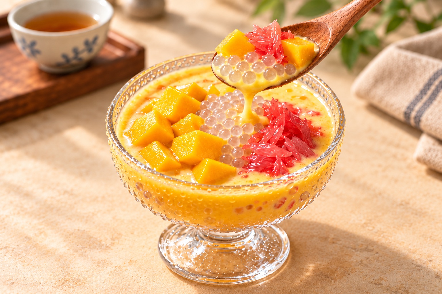 Mango pomelo sago with fresh mango, pomelo and sago pearls in a glass dessert bowl