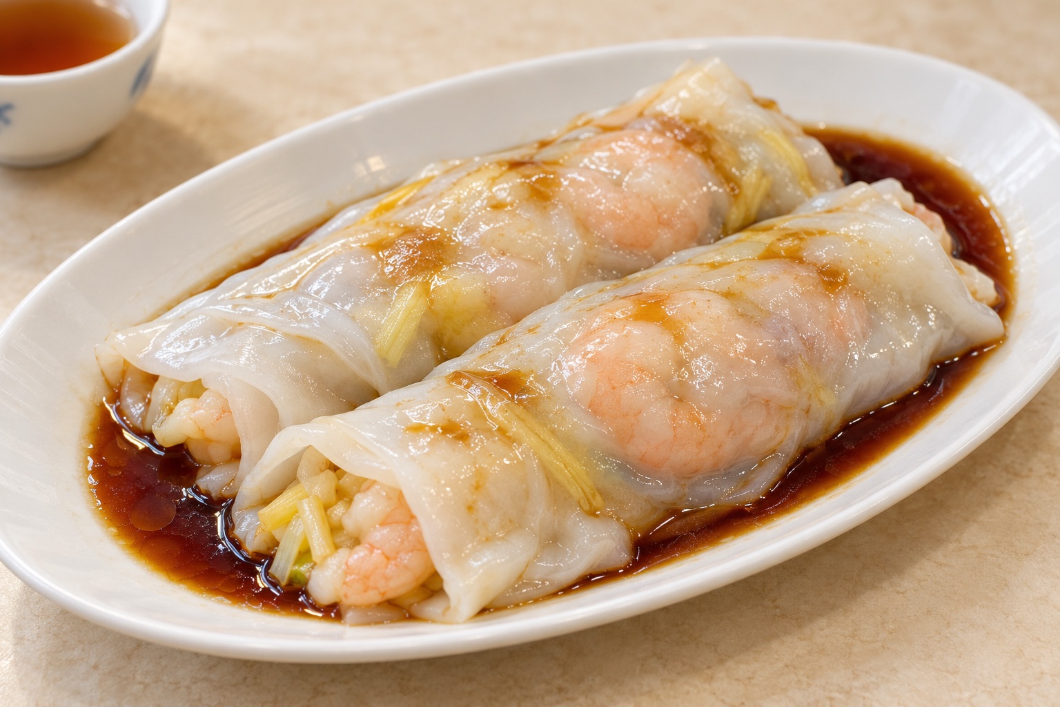 Cantonese shrimp and yellow chive cheung fun served with seasoned soy sauce