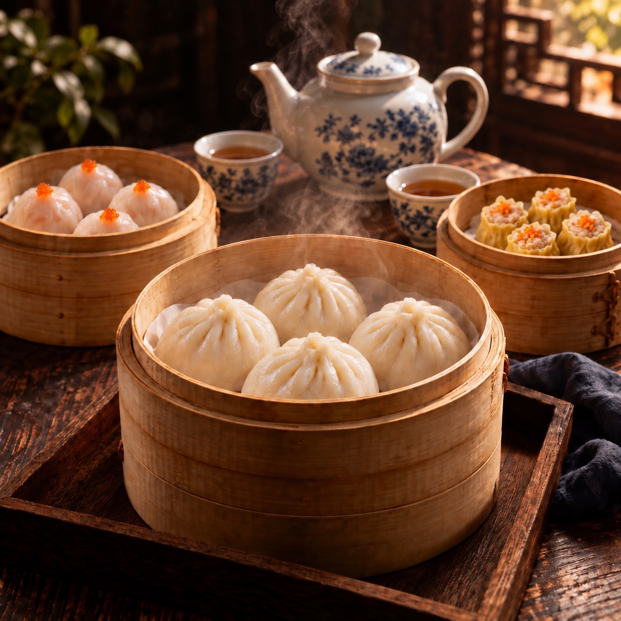 Steamed bao, flower-shaped har gow and handmade siu mai served with Chinese tea